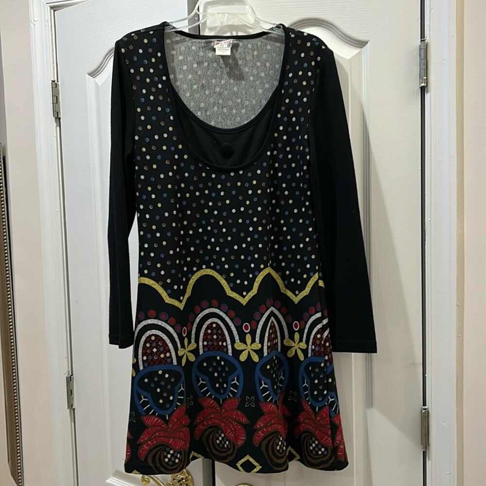 Funky people L black bohemian print long sleeve scoop neck bold print dress euc